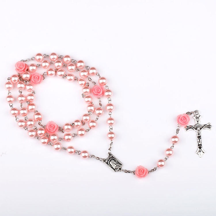 Collier Long Croix Jésus avec Perles - Bijou Religieux