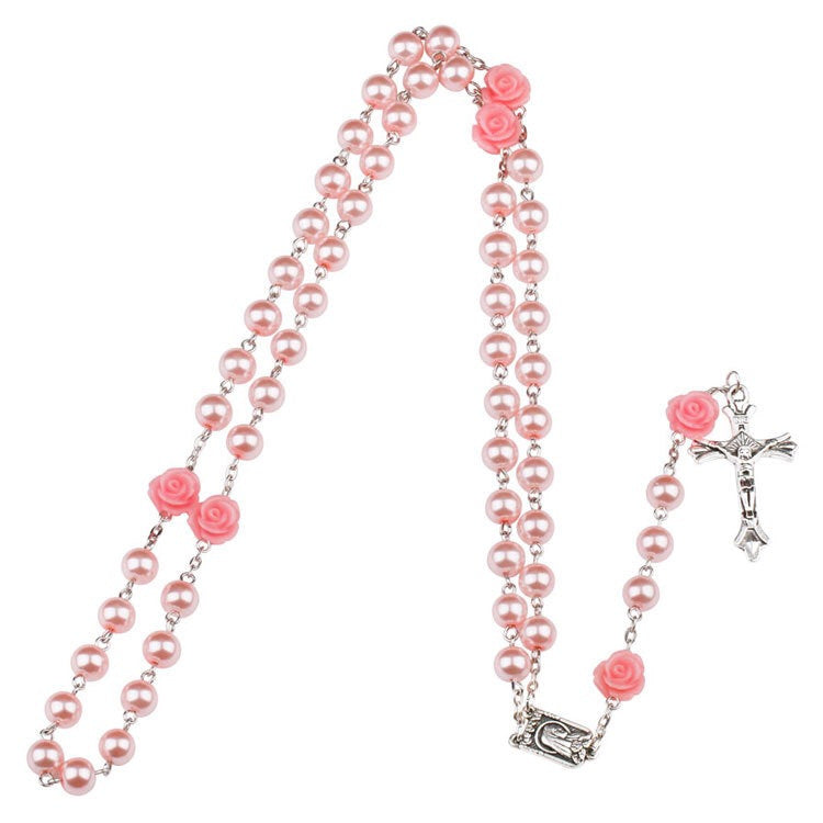 Collier Long Croix Jésus avec Perles - Bijou Religieux
