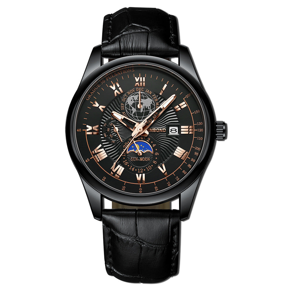 Montre Homme Quartz Lumineux Phase de Lune – Waterproof Bracelet Cuir