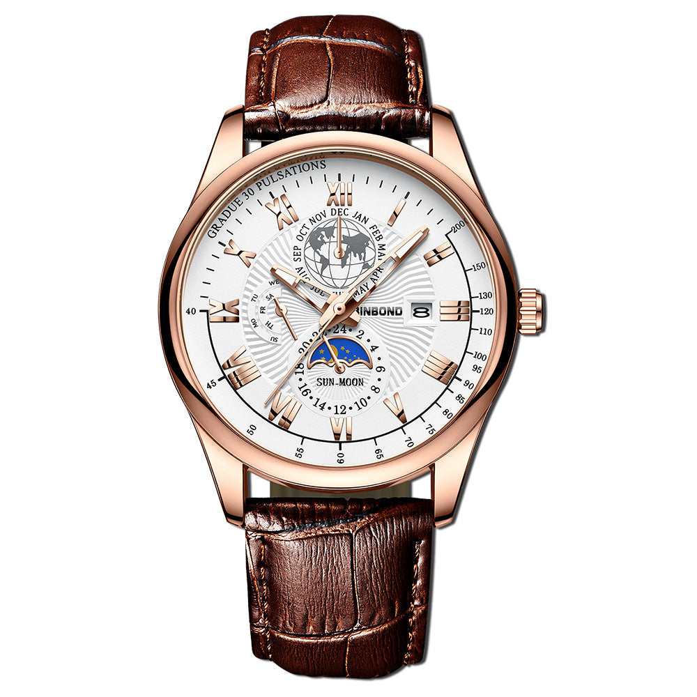Herrenuhr Quarz Leuchtend Mondphase – Wasserdicht Lederarmband