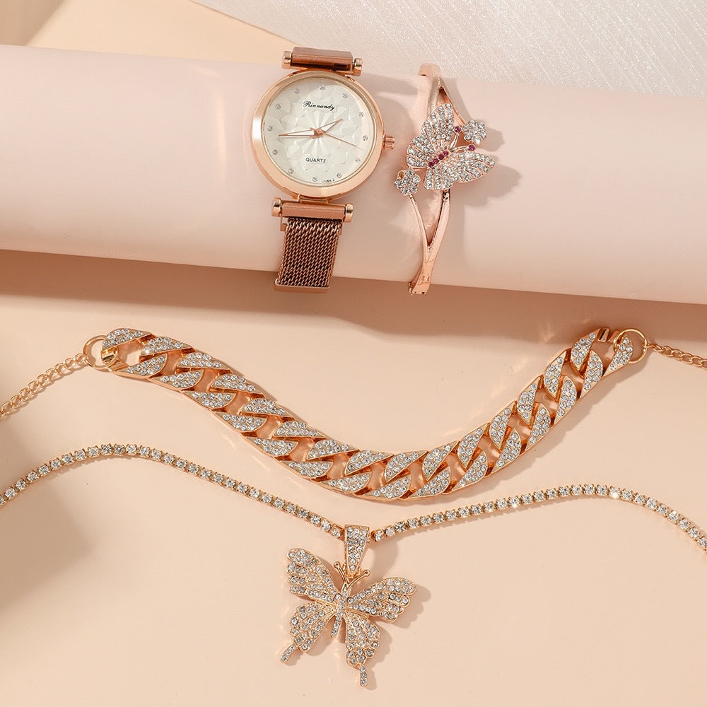 Coffret Montre Femme 5 Pièces – Quartz Élégant Cadeau Bijoux