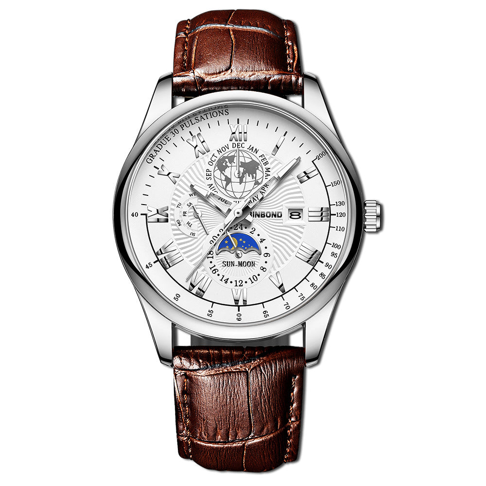 Herrenuhr Quarz Leuchtend Mondphase – Wasserdicht Lederarmband
