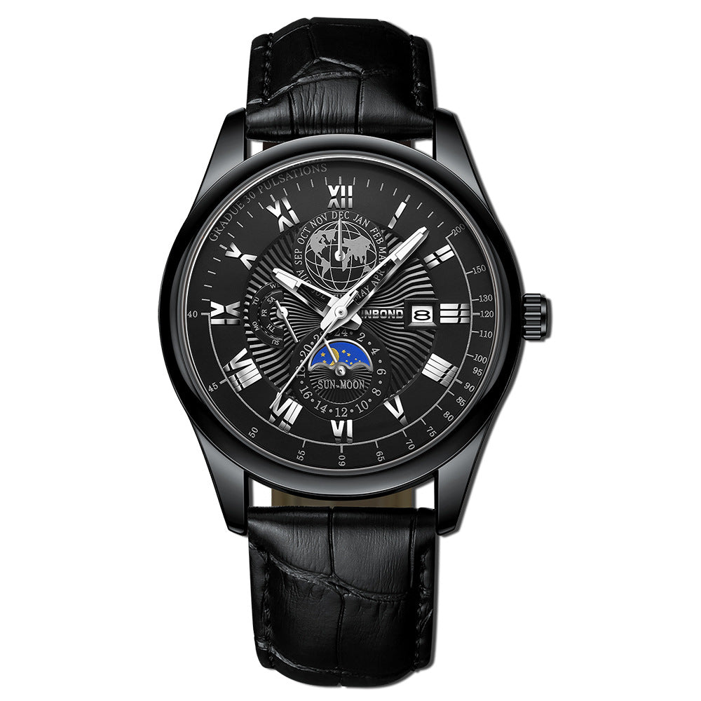 Montre Homme Quartz Lumineux Phase de Lune – Waterproof Bracelet Cuir