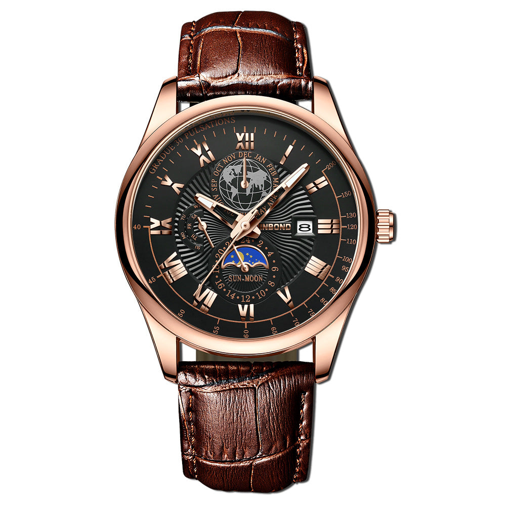Montre Homme Quartz Lumineux Phase de Lune – Waterproof Bracelet Cuir