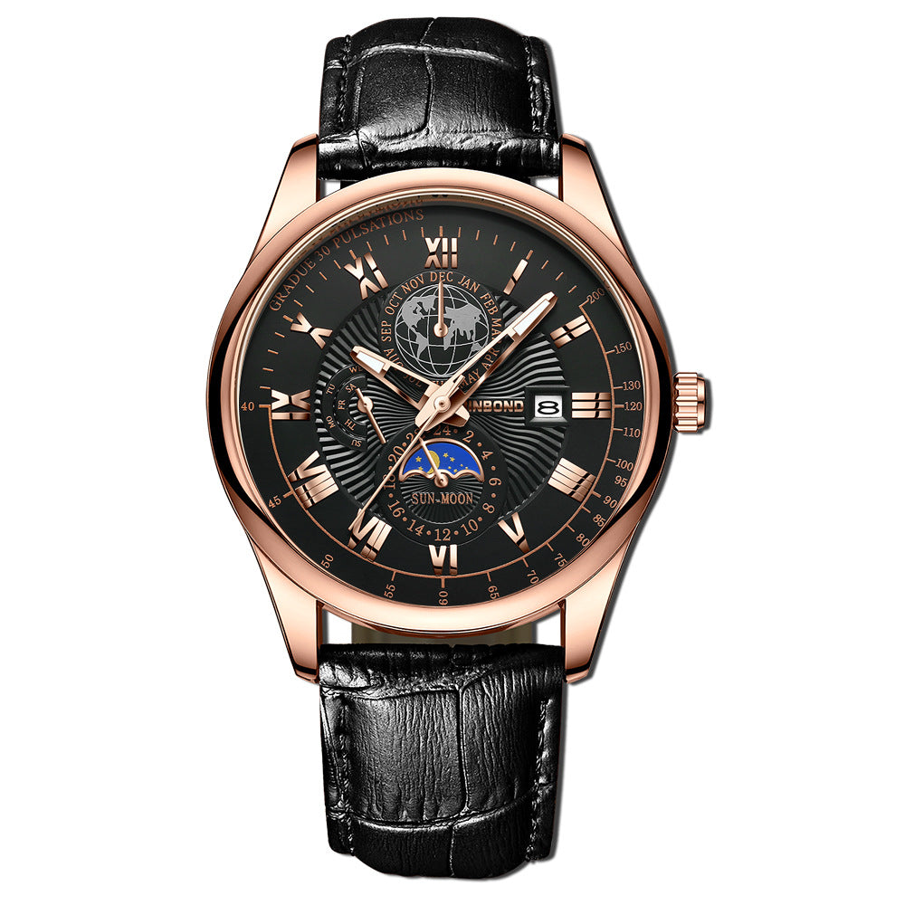 Herrenuhr Quarz Leuchtend Mondphase – Wasserdicht Lederarmband
