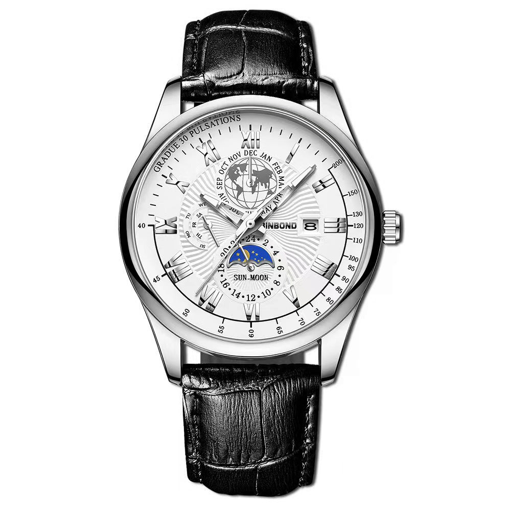 Montre Homme Quartz Lumineux Phase de Lune – Waterproof Bracelet Cuir