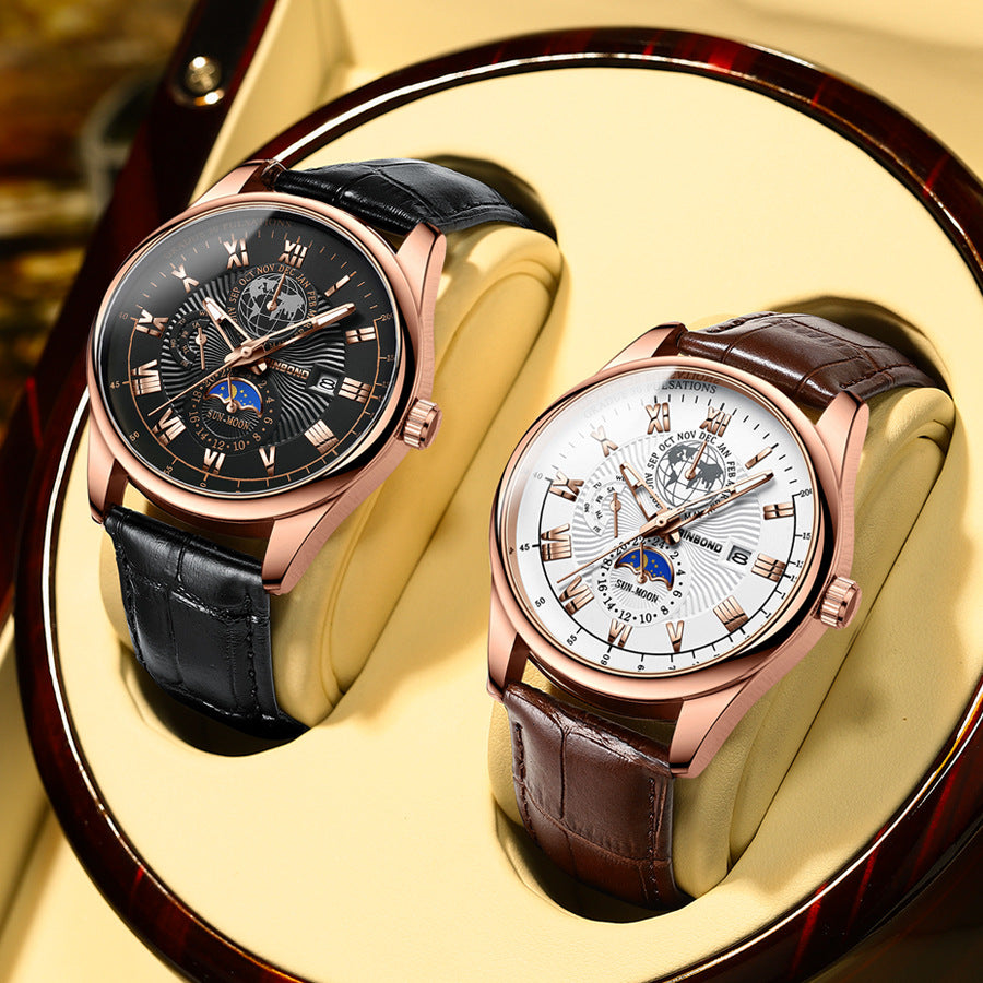 Herrenuhr Quarz Leuchtend Mondphase – Wasserdicht Lederarmband